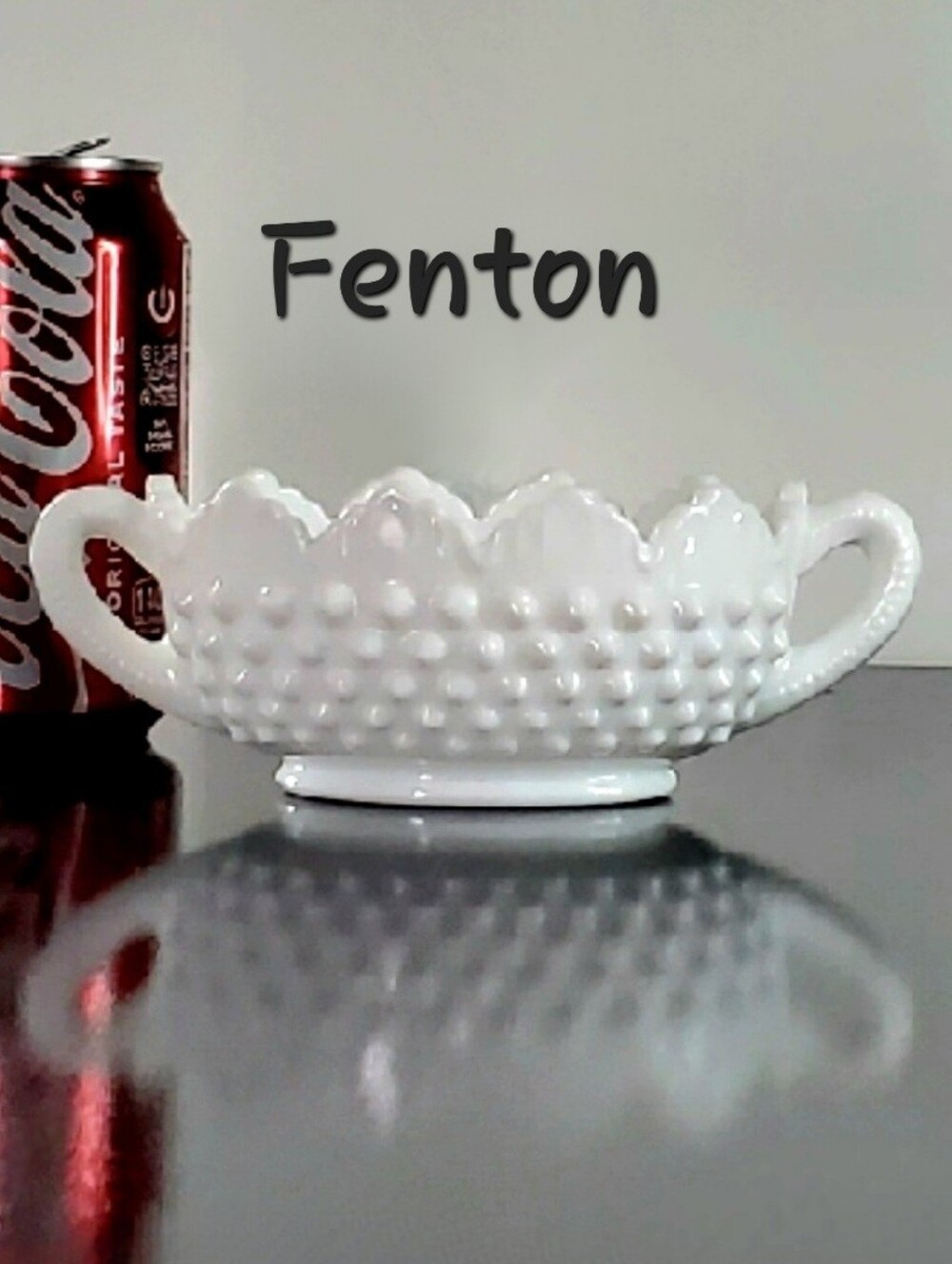 7" Fenton Hobnail Fresh White Milk Glass Handle Dish